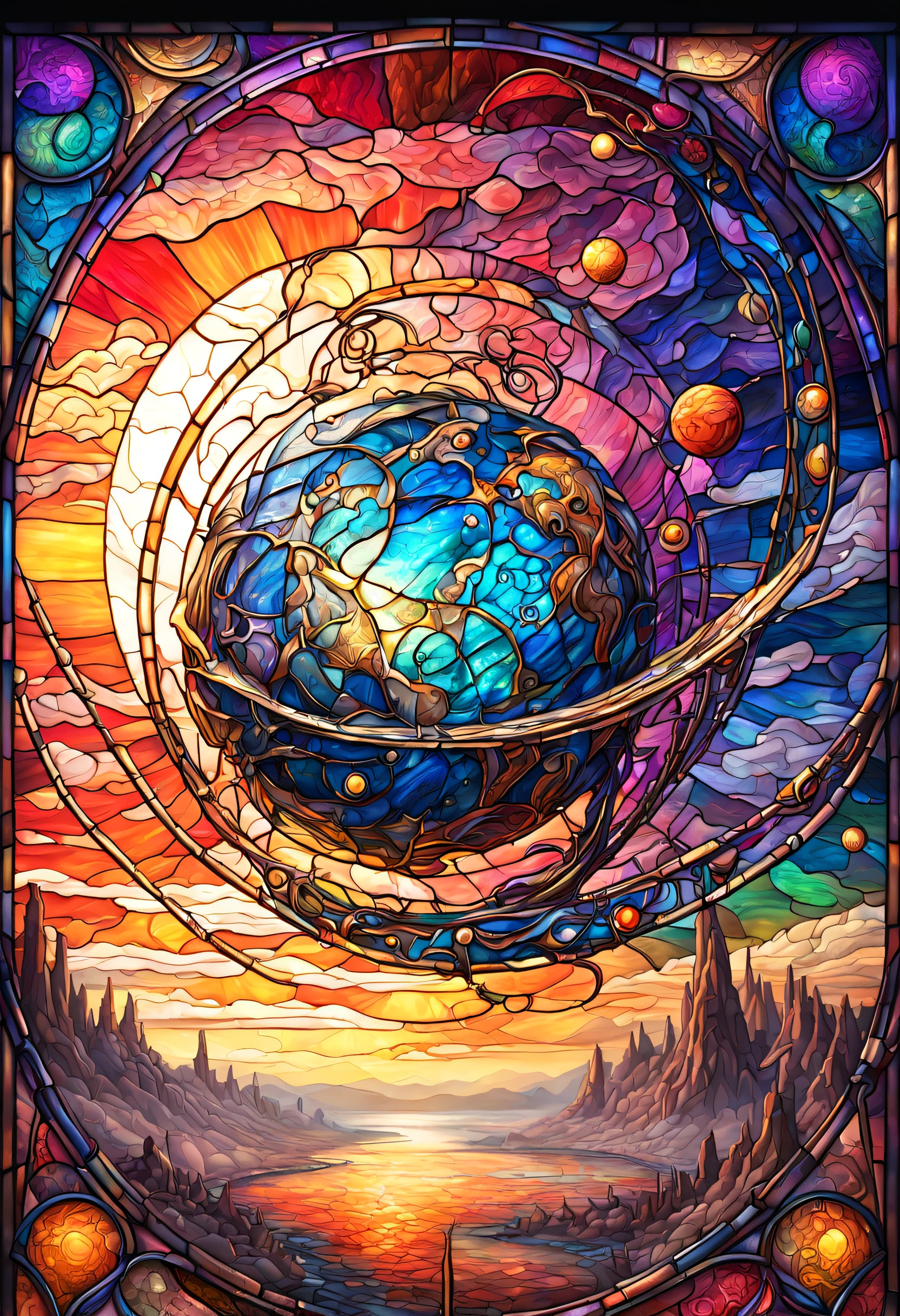 a magnificent sunset on a strange and mysterious alien Stained glass style planete. It's very textured and detailed with dreaming lot of whirlwind multicolored and dreaming dust