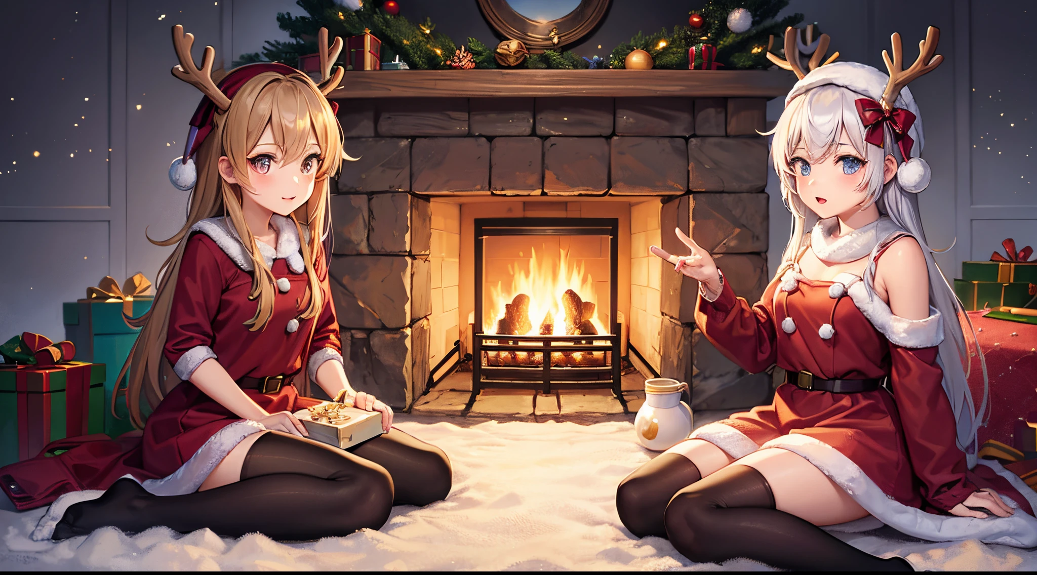 Lori wearing reindeer sitting in present box、full body Esbian, lofi art in GTA Game art style use only complimentary colors from the color wheel. A main character in first plan portrait mode, A girl age 25 looking into magical Jar with snow inside, the jar next a fireplace in on Christmas eve. A cozy and warm scene in background, Visual elements that represent Christmas.