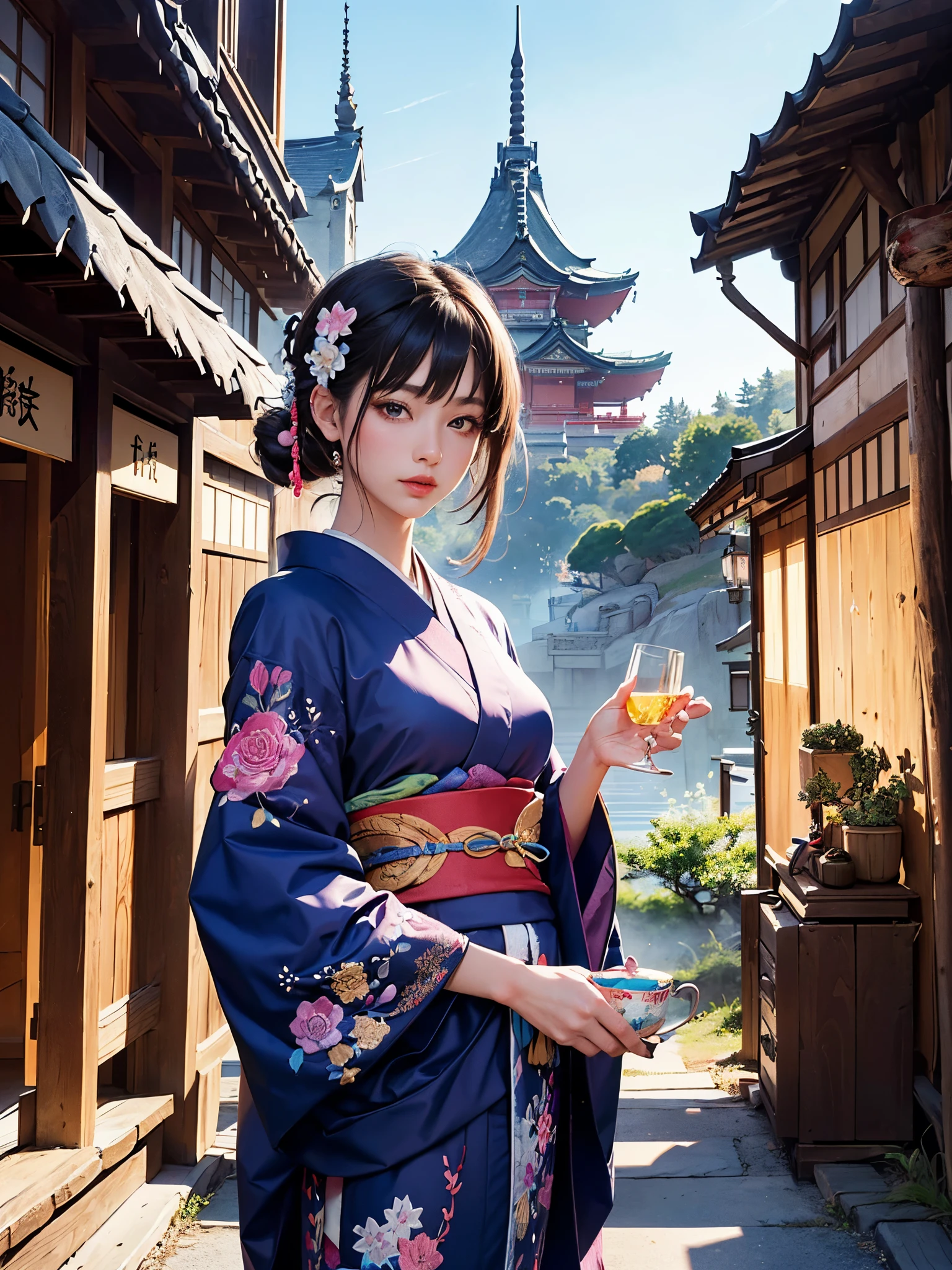 (masterpiece, top quality, best quality, official art, beautiful and aesthetic:1.2), (1girl),elaborate costume(Luxurious Japan kimono(Colorful kimono(detailed embroidery))), extreme detailed,(Fractal art),colorful,highest detailed,昼間のWestern castle in the background,having a tea party,