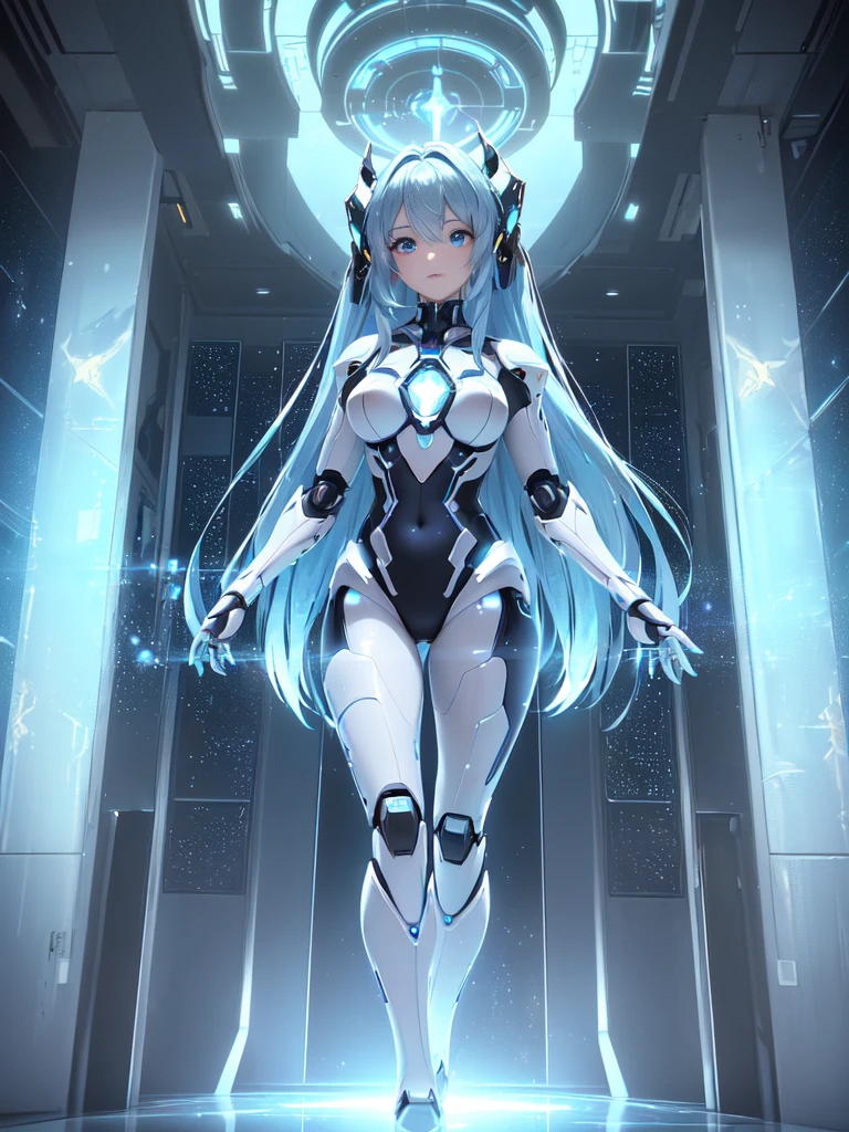 Unreal Engine:1.4,nffsw,best qualtiy:1.4, Photorealista:1.4, Skin texture:1.4, masterpiece:1.8,((Beautiful robot woman Symmetrical young and ethereal beautiful face bright color digital image with long icy blue hair and eyes reflecting galaxy., In elegant futuristic dress shining with holographic light reflection, Stand in front of grace, Glowing portal emitting mist and glowing particles,( It is inside a high-tech lab full of screens and shiny equipment....), Rendered in stunning sci-fi anime art style with cinematic lighting, intricate line art, Beautiful structure of atmospheric glow effect )),(机器人:1.4),Orange backlight:1.4,
