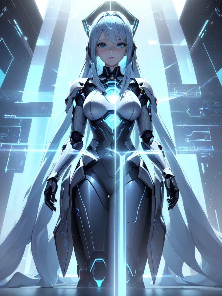 Unreal Engine:1.4,nffsw,best qualtiy:1.4, Photorealista:1.4, Skin texture:1.4, ​masterpiece:1.8,((Beautiful robot woman Symmetrical young and ethereal beautiful face bright color digital image with long icy blue hair and eyes reflecting galaxy., In elegant futuristic dress shining with holographic light reflection, Stand in front of grace, Glowing portal emitting mist and glowing particles,( It is inside a high-tech lab full of screens and shiny equipment....), Rendered in stunning sci-fi anime art style with cinematic lighting, intricate line art, Beautiful structure of atmospheric glow effect  )),(机器人:1.4),Orange backlight:1.4,