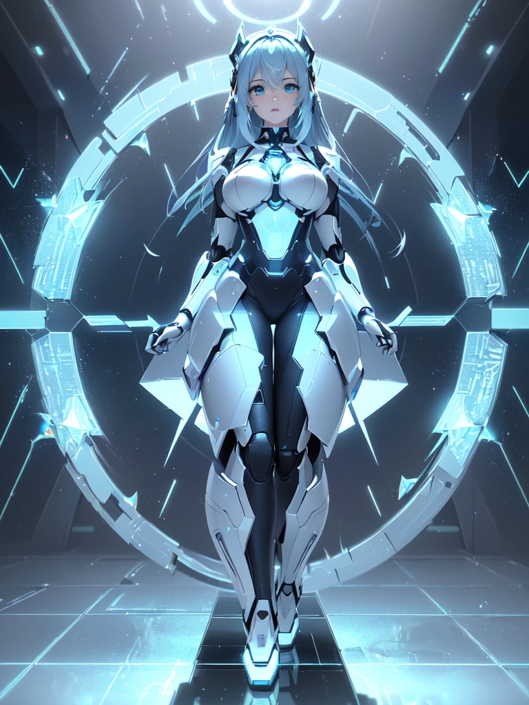Unreal Engine:1.4,nffsw,best qualtiy:1.4, Photorealista:1.4, Skin texture:1.4, ​masterpiece:1.8,((Beautiful robot woman Symmetrical young and ethereal beautiful face bright color digital image with long icy blue hair and eyes reflecting galaxy., In elegant futuristic dress shining with holographic light reflection, Stand in front of grace, Glowing portal emitting mist and glowing particles,( It is inside a high-tech lab full of screens and shiny equipment....), Rendered in stunning sci-fi anime art style with cinematic lighting, intricate line art, Beautiful structure of atmospheric glow effect  )),(机器人:1.4),Orange backlight:1.4,