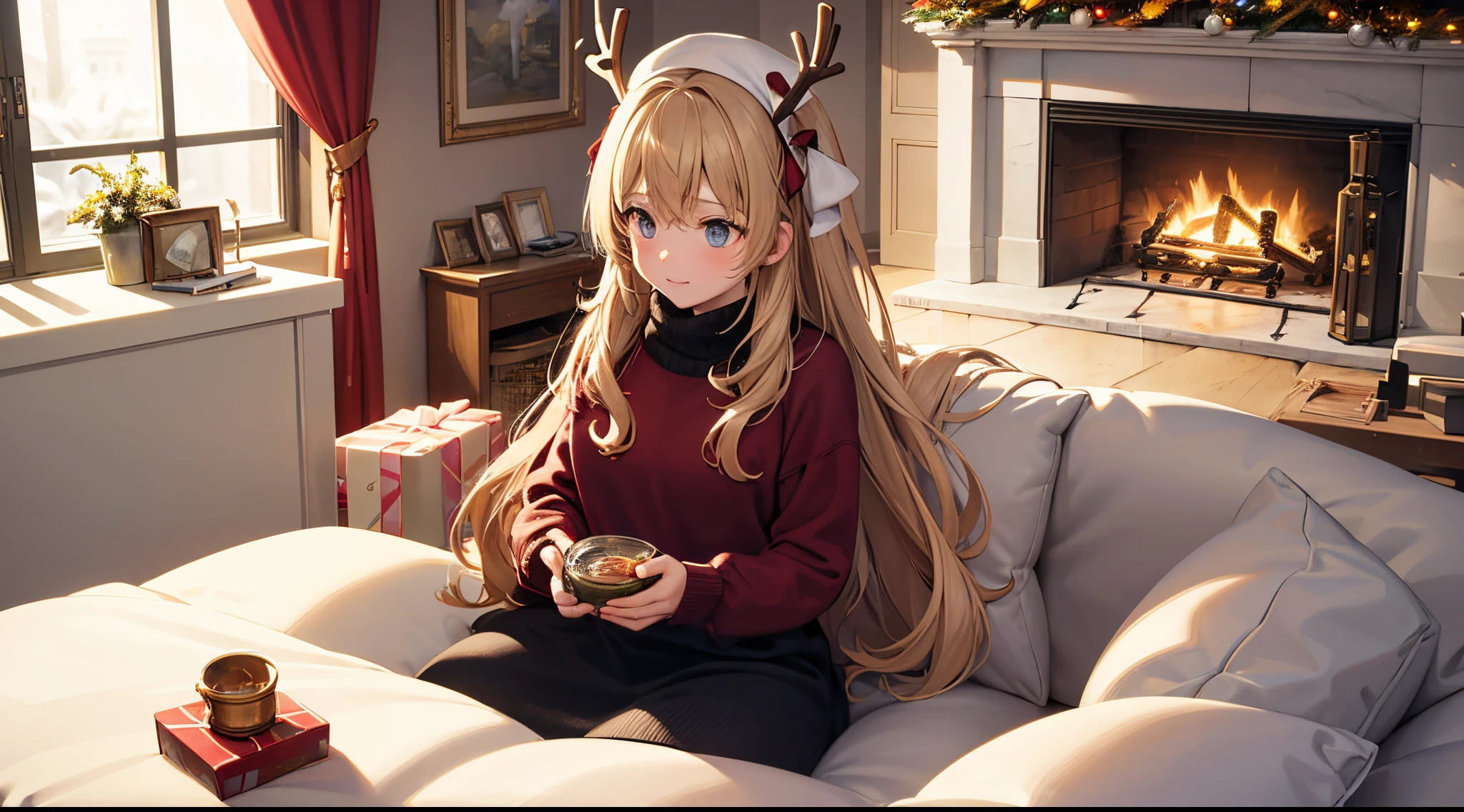 Lori wearing reindeer  sitting in present box、full body Esbian, lofi art in GTA Game art style use only complimentary colors from the color wheel. A main character in first plan portrait  mode, A girl age 25 looking into magical Jar with snow inside, the jar next a fireplace in on Christmas eve. A cozy and warm scene in background, Visual elements that represent Christmas.