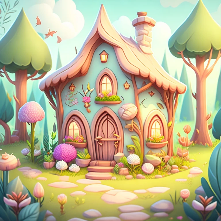 Cartoon-style house, flowers and plants, magical elements, mobile game， forest and plants, a touch of magical elements, outlines of animals.