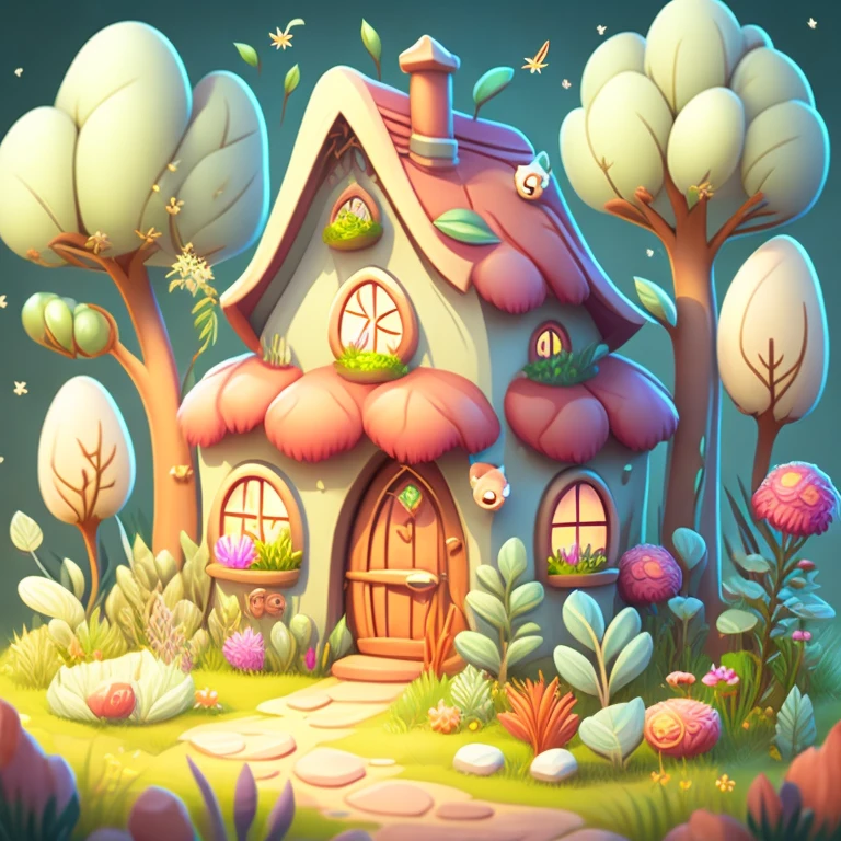 Cartoon-style house, flowers and plants, magical elements, mobile game， forest and plants, a touch of magical elements, outlines of animals.