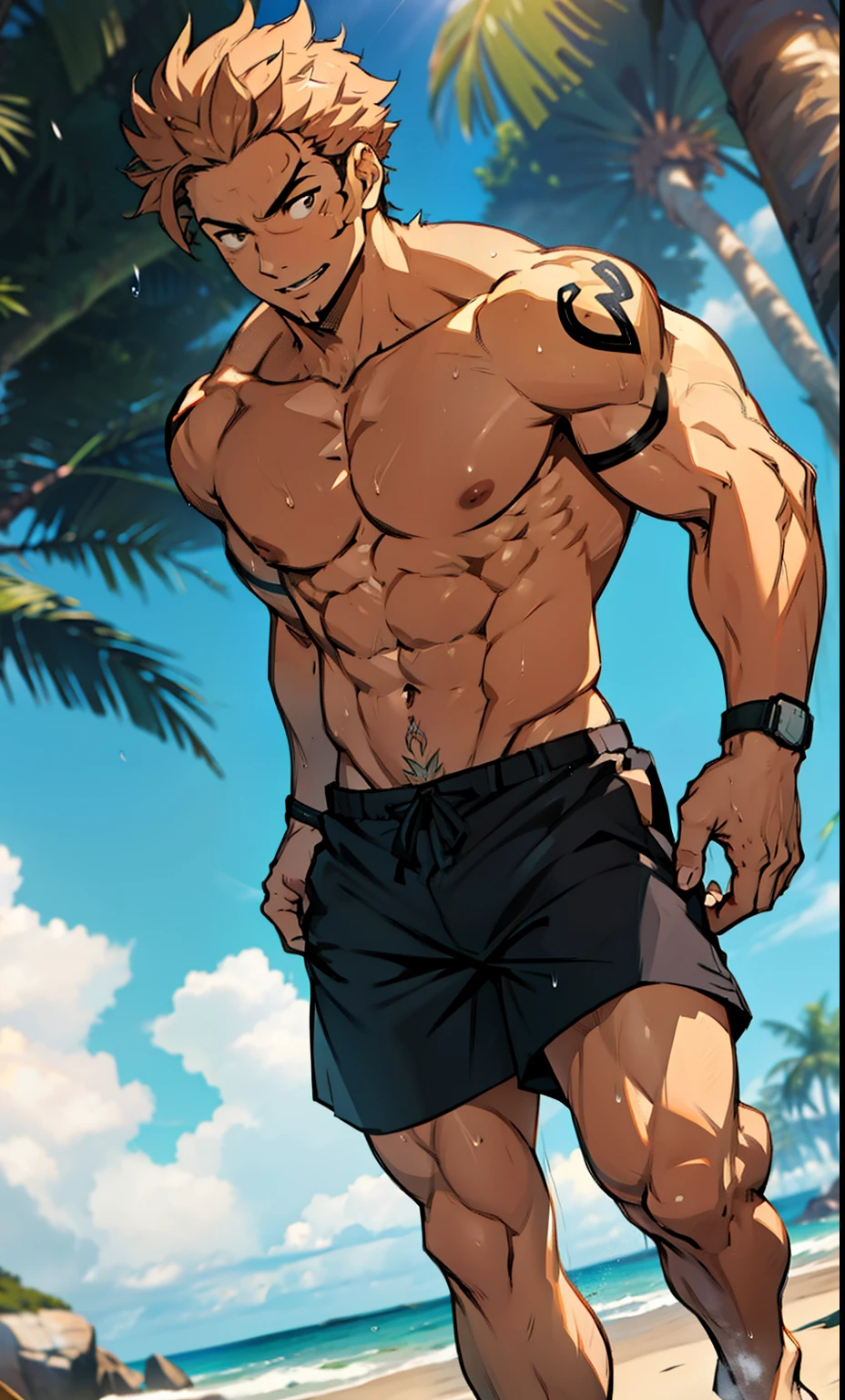 (canto da foto de baixo para cima) (imagem da mais alta qualidade) Lion man ,real, jovem, foco masculino, imagem de anime, de sunga apertada, na praia com uma sunga apertada, pernas bem abertas, sexy face, rosto atraente, cabelo subcortado, huge muscle muscles of the chest, anime wallpaper, exibindo seus musculos, large strong thigh muscles, Biceps Sinewy muscles, virilha marcando, Big chest, six pack abs, corpo tonificado devido ao treinamento intenso, Well-developed muscles, ABS transparente de 8 embalagens, 3 metros de altura, topless, abrindo bem as pernas, pele brilhante, wet from bathing , hands on thighs, bare feet, Sem barba