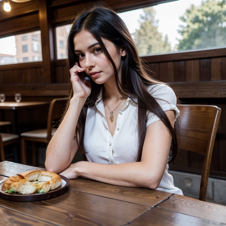 woman sitting at a table with a cell phone in front of her, sitting on a mocha-colored table, female with long black hair, young woman with long dark hair, anastasia ovchinnikova, aleksandra waliszewska, alina ivanchenko, photo of young woman, moleksandra shchaslyva, ekaterina, at the terrace