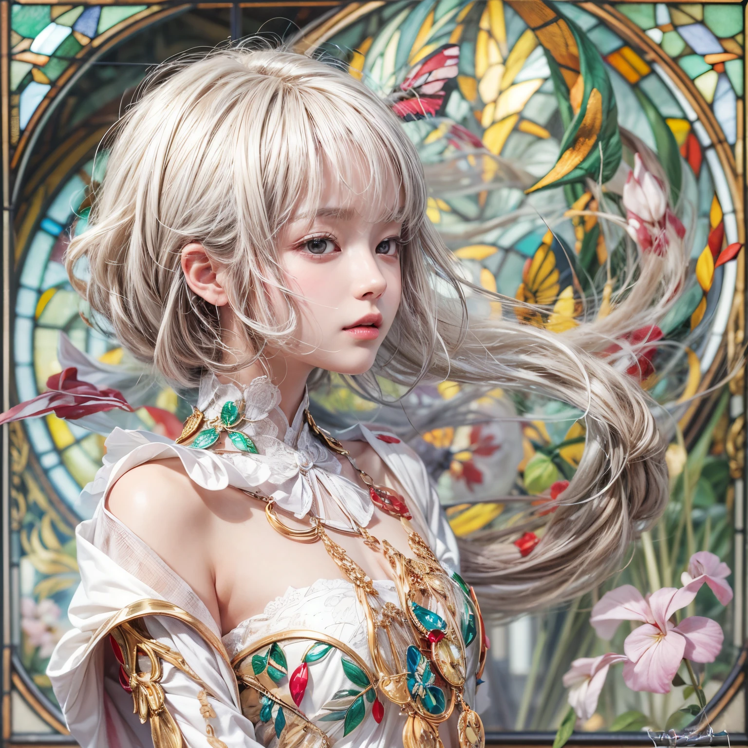 SFW, concept art, Tiny junior idol, Delicate lace knitted white clothes, (nipple:-0.9), face closeup, ((Dazzling stained glass Background)), (((Renbutsu Misako), colorful Light shines through stunning elaborate stained glass:1.2, vivid Red colors, lense Particle, lens flare, light Particle, Dazzling Halo, Acutance:0.8)). (masterpiece:1.2),(ultra-detailed:1.37),(realistic,photorealistic,photo-realistic:1.37), (Extremely detailed KAWAII face variations, innocent expression variations), rosy cheeks, intricate detailed eyes with sparkling highlights, long eyelashes with volume, subtle blush on the face. Mystic sight, haze, impeccable skin texture, captivating gaze, ((Dynamic-angle, physically-based rendering)) . (((not Detailed fingers:-0.9, large eyes:-0.8))) .
