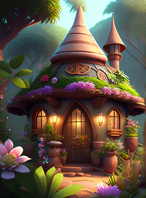 Casa estilo desenho animado, flores e plantas, gnomos, Magical Elements, Mobile Game, floresta e plantas, a touch of magical elements, contornos de animais.