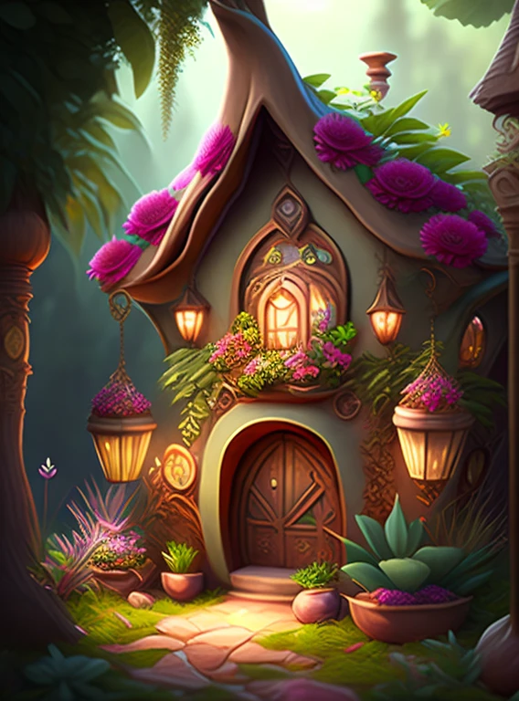 Casa estilo desenho animado, flores e plantas, gnomos, Magical Elements, Mobile Game, floresta e plantas, a touch of magical elements, contornos de animais.