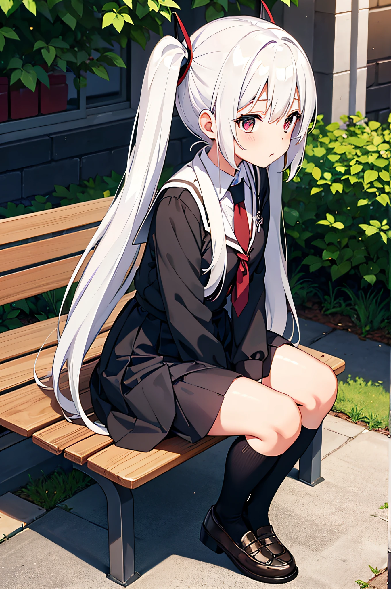 white haired anime girl with large pigtails.
in a black school uniform with a red tie and white socks.
sitting down on a bench facing camera.
complete 90 degree angle side view. full body shot.