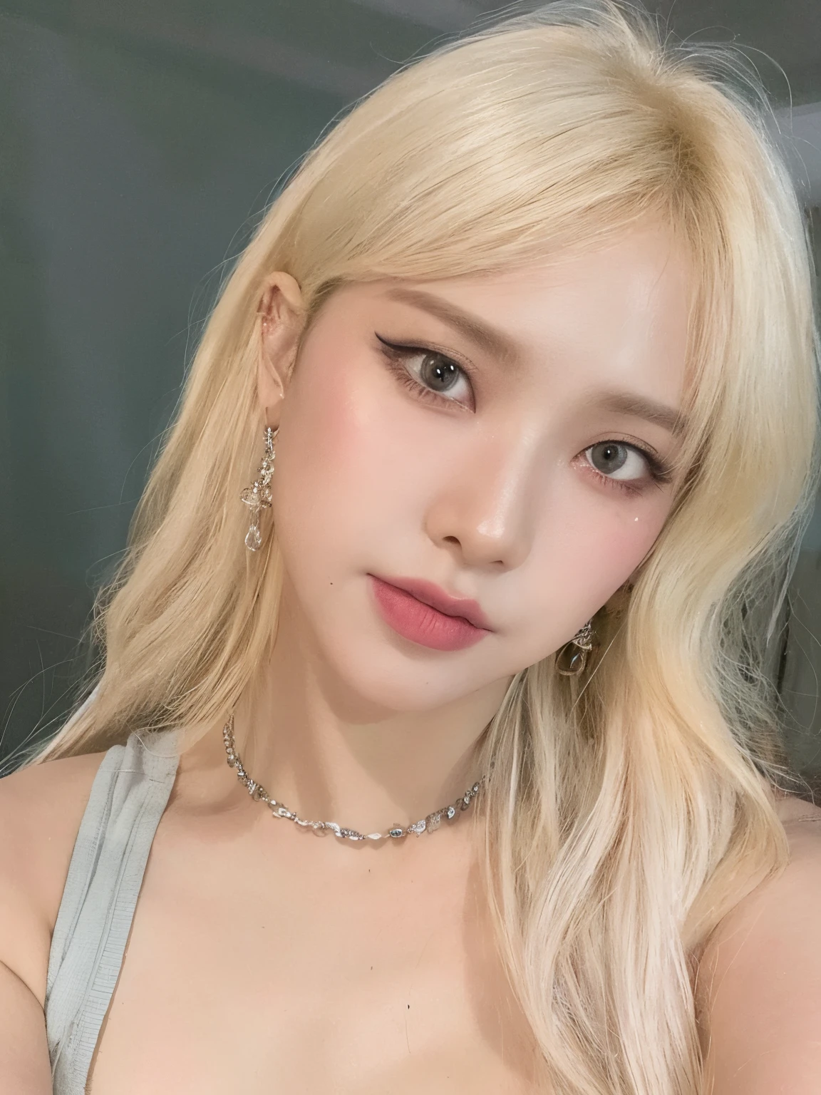 un primer plano de una mujer con cabello rubio que lleva un collar, Jinyoung Shin, Lalisa Manobal, Parque Roseanne de Blackpink, maquillaje coreano popular, maquillaje popular de Corea del Sur, Kim Doyoung, ulzzang, Heonhwa Choe, Sun Yunjoo, Lalisa Manoban de Blackpink, cabello rubio y ojos grandes, Cabello largo y blanco y flequillo