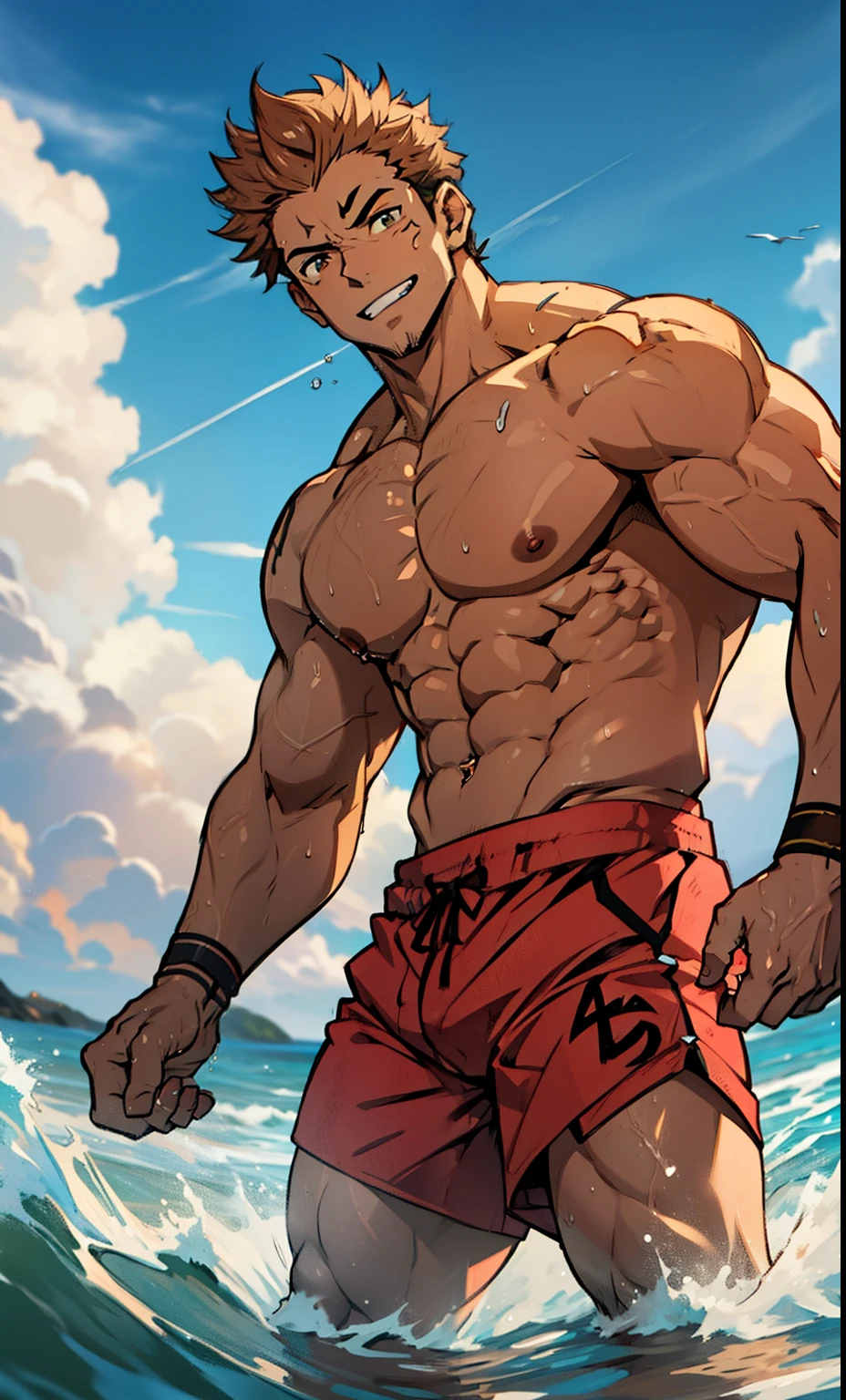 (canto da foto de baixo para cima) (imagem da mais alta qualidade) Lion man ,real, jovem, foco masculino, imagem de anime, de sunga apertada, boiando na agua da praia, pernas bem abertas, sexy face, rosto atraente, cabelo subcortado, huge muscle muscles of the chest, anime wallpaper, exibindo seus musculos, large strong thigh muscles, Biceps Sinewy muscles, virilha marcando, Big chest, six pack abs, corpo tonificado devido ao treinamento intenso, Well-developed muscles, ABS transparente de 8 embalagens, 3 metros de altura, topless, abrindo bem as pernas, pele brilhante, wet from bathing , hands on thighs, bare feet, Sem barba