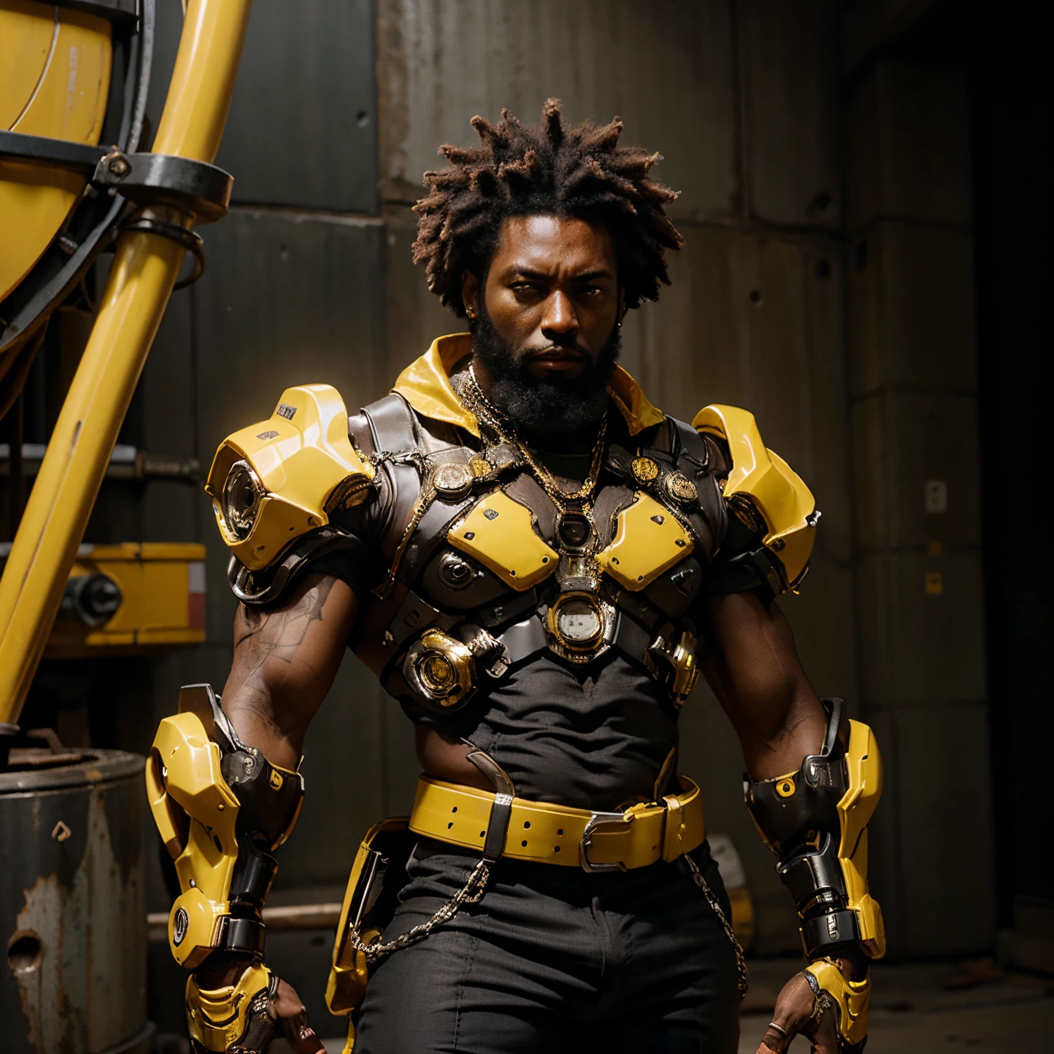 Personagem afro americano fantasia sombria, baladas de rock, homem negro, Brown skin, barba curta branca, homem vinte anos, robotic presence, wearing a yellow tech suit, intrincado, (steel metal [enferrujado]), elegante, cores vibrantes, obra-prima, ((rua)), luz escura, rosto arredondado
