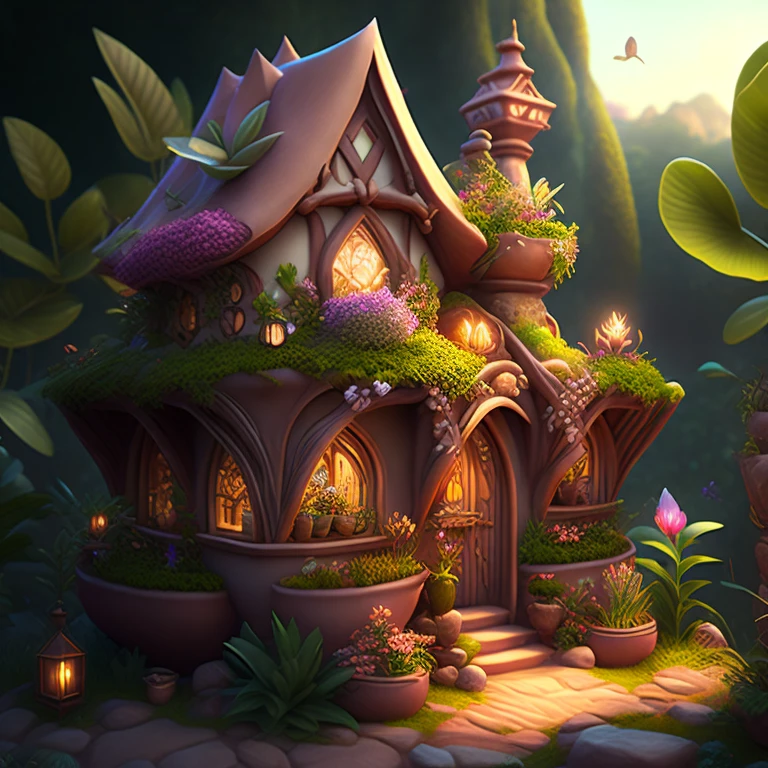 Casa estilo desenho animado, flores e plantas, gnomos, Magical Elements, Mobile Game, floresta e plantas, a touch of magical elements, contornos de animais.