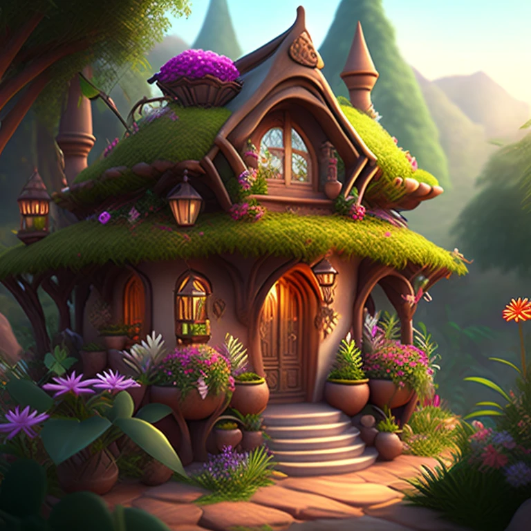 Casa estilo desenho animado, flores e plantas, gnomos, Magical Elements, Mobile Game, floresta e plantas, a touch of magical elements, contornos de animais.