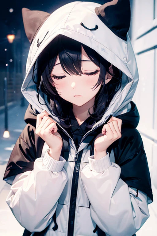 Yuko Fukiishi from Chi no Wadachi, winter, breathing out condensation, slight blush, in the style of Chi no Wadachi manga, (((Yuko Fukiishi.))), black winter coat, (((in the style of Chi no Wadachi))), watercolour, 1girl, (((hooded_eyes))), hood up, looking at viewer, facing viewer, sleepy, ((watercolour)), (((sleepy eyes)))