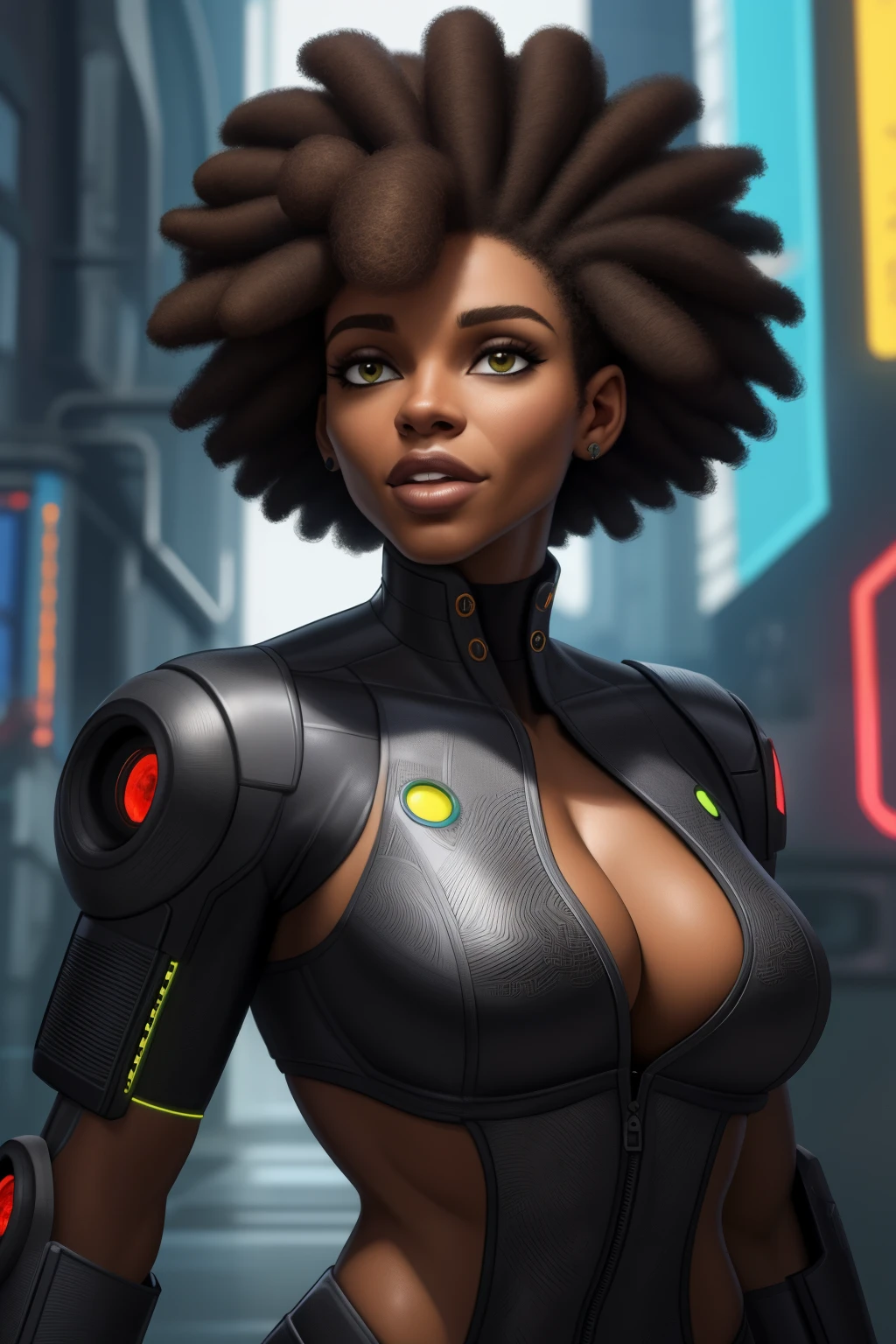 afro-caribenha bonita, 20 anos, nu, Seios grandes e rosto bonito, Smailing and fun, cabelos cacheados, corpo inteiro, fotorrealista, cinematic picture, Cyberpunk