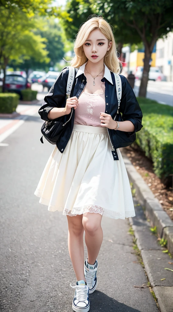 Excellent detail, 8k photos, hyper realisitc, professional light, Realistic background, Visual depth, Background bokeh, full body wide angle, full - body, ( 25 year old K-pop star ) Colored eyes, blonde hair, (lace, Ruffled shirt, White petticoat, sneakers), (plush toy), pink cute backpack, Street, moda
