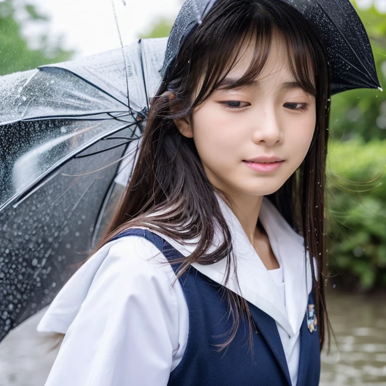 An ultra-high picture quality、Perfect Photo、japanes、Japanese female model、15yo student、a beauty girl、indoor white background、fullllbody、Full body like、Narrow-eyed、large mouth、eye closed、the wind、The upper part of the body、Wet hair、School uniform and navy blazer、worry、hard、looking downwards、Getting wet in the rain、sodden、get angry、dislike、Drenched hair、rainy day、semi long hair、Bathing in the rain、Pouring rain、