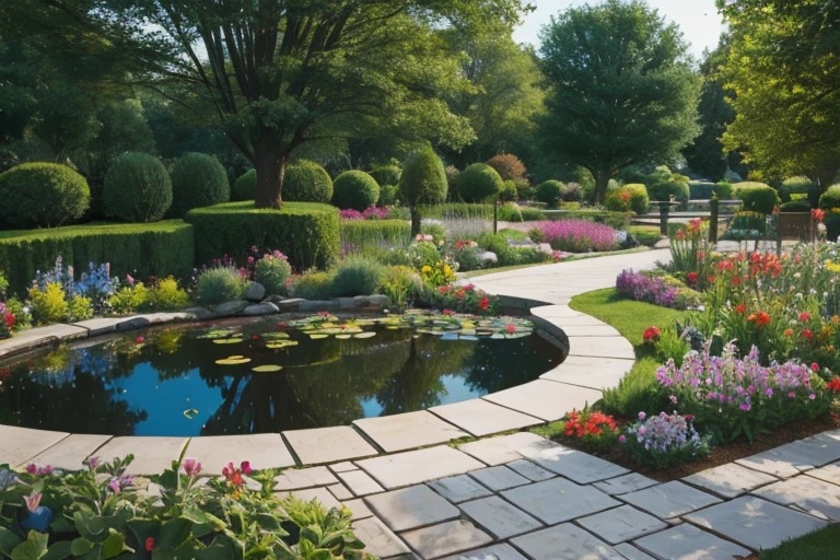 Garden landscape, variety of colors, pond, walkeays