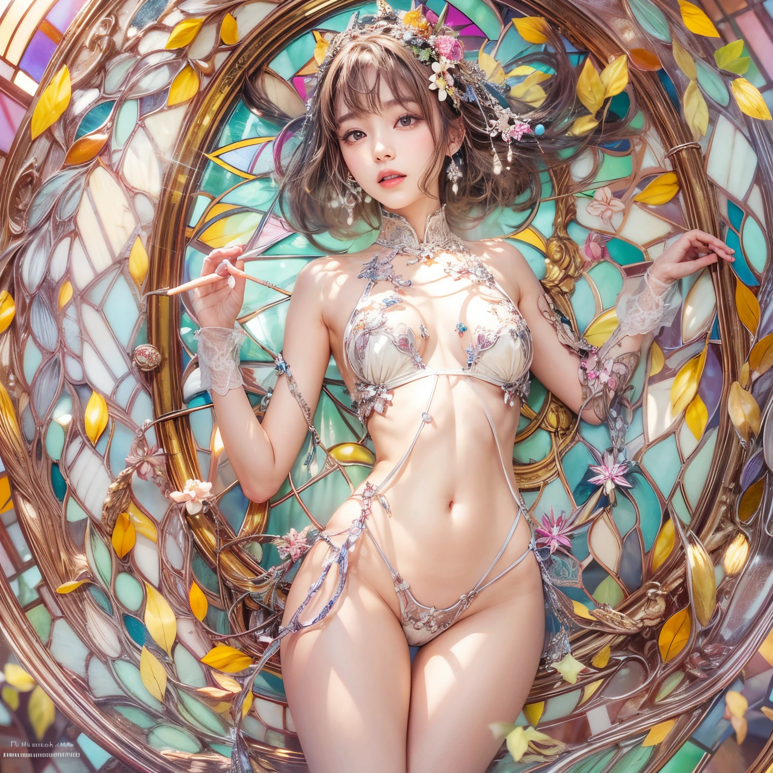 ( Masterpiece, White and vivid colors, (Exposed:1.2), (nipple:-0.9)(Acutance:0.9)), (((Renbutsu Misako|Misako Renbustu))), ((face variations)), { Navel | pretty Ass }, portrayed in the best quality and high resolution. The image should be ultra-detailed, realistic, and photorealistic with a touch of rawness. concept art. The color tone should be vibrant and vivid, enhancing the overall visual impact. (Whole Body proportions and all limbs are anatomically accurate), (Vivid Colorful light shines through the delicate stained glass). delicate limbs, Detail of sparkling oiled ivory skin, (short Bob, delicate wear), Whole Body proportions and all limbs are anatomically accurate .