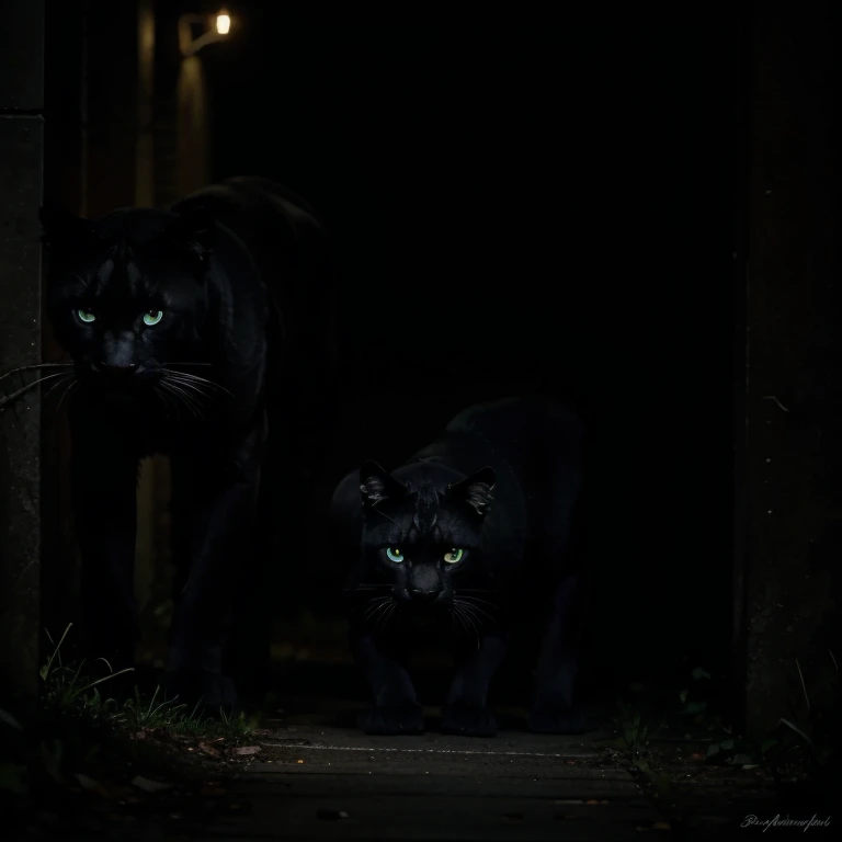 2 panthers hunting at night. Eyes glowing in the darkness.