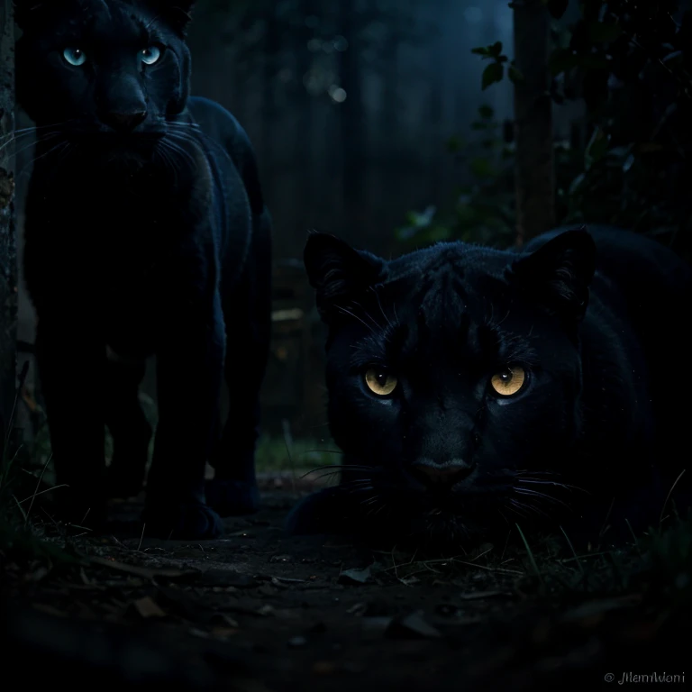 2 panthers hunting at night. Eyes glowing in the darkness.