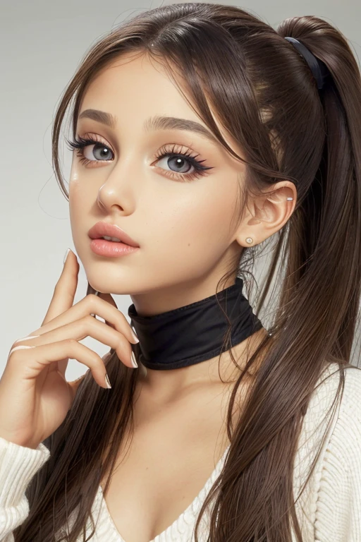 4rianagrand3, 1girl, perfect eyes, symmetric eyes, brown eyes, italian, american,long hair, ponytail, makeup, lips,