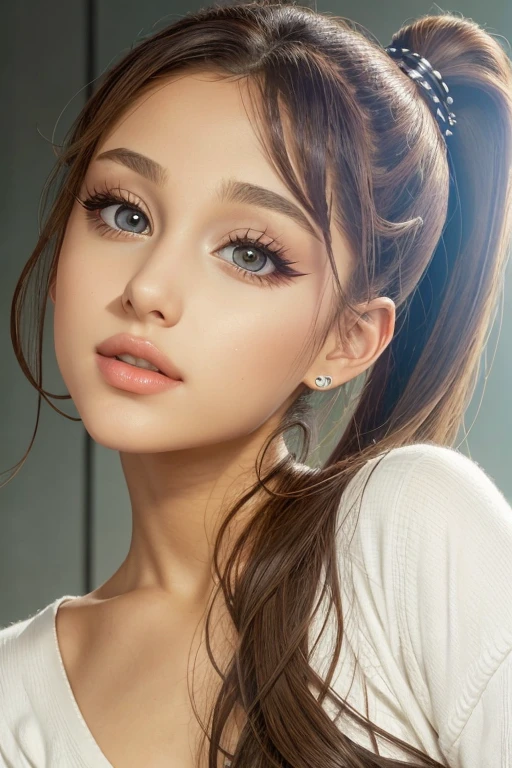 4rianagrand3, 1girl, perfect eyes, symmetric eyes, brown eyes, italian, american,long hair, ponytail, makeup, lips,