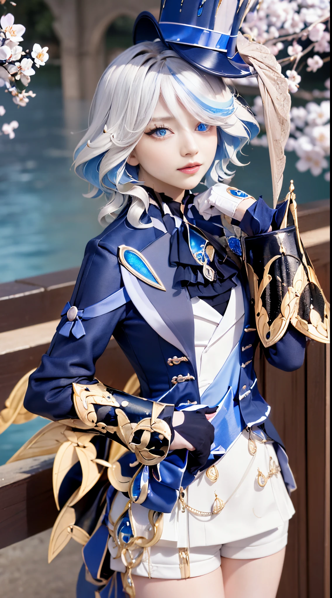 masutepiece, Best Quality, Ultra-detailed, glistening shiny, Glowing light, Ray tracing, nffsw, deph of field,Raw photo、realisitic、8K、 (Perfect face, Detailed face, Detailed eyes,Perfect hands),(medium boobs:1.2),8K,hard disk,An ultra - realstic face,Ray tracing,Perfect Lighting,Best Quality, Ultra-detailed, shiny eyes, (Looking at Viewer,Smile with open mouth:1.1), ((1girl in)), (maturefemale:1.4),Cowboy Shot,thighs thighs thighs thighs,POV,
Furina,Long hair,((Gradient Hair)),multicolored eyes, Gradient Eyes, (Glowing eyes:1.5), mascara, (fashion make up), Parted lips,blush,Shirt, gloves, Long sleeves, hat,Jewelry,Jacket, White shirt, flower,Shorts, Black Gloves,ascot, Thigh strap, Blue jacket, brooches, Pedras preciosas, blue headwear, blue flower, White shorts, hat flower, Blue Rose, Inclined hat, blue gemstone, Blue Ascot
((In the middle of the Japan countryside,Japan Bridge,Across the bridge,River,cherry trees,Cherry blossom petals,Dark blue sky,Sichuan carp)),(Complex background, Many elements of the background:1.2),((hyper detailed background)), Mistress pose, ((8K Wallpaper)),