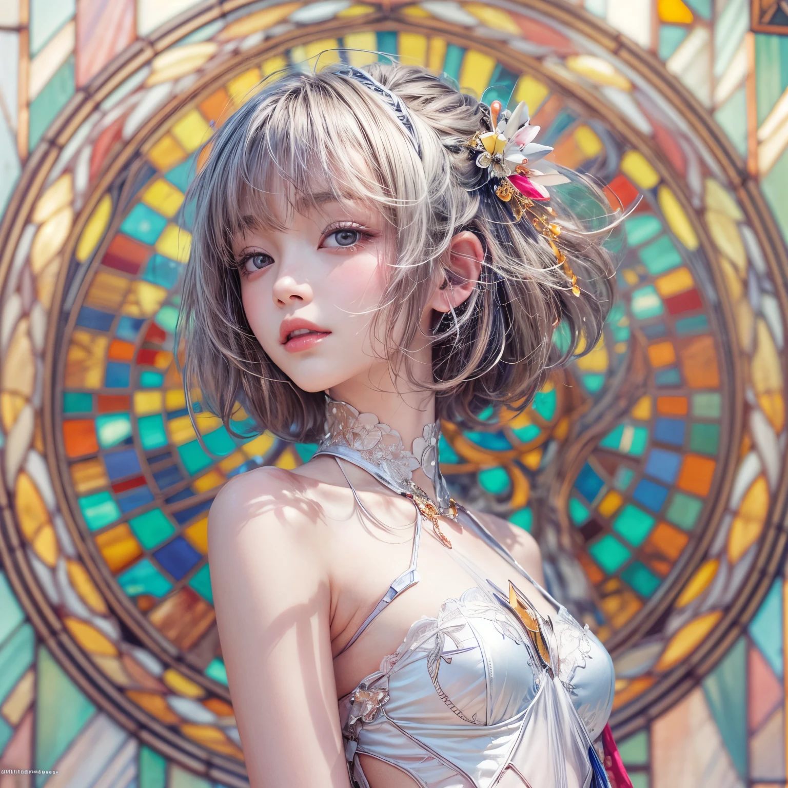 ( Masterpiece, White and vivid colors, (Exposed:1.2), (nipple:-0.9)(Acutance:0.9)), (((Renbutsu Misako|Misako Renbustu))), ((face variations)), { Navel | pretty Ass }, portrayed in the best quality and high resolution. The image should be ultra-detailed, realistic, and photorealistic with a touch of rawness. concept art. The color tone should be vibrant and vivid, enhancing the overall visual impact. (Whole Body proportions and all limbs are anatomically accurate), (Vivid Colorful light shines through the delicate stained glass). delicate limbs, Detail of sparkling oiled ivory skin, (short Bob, delicate wear), Whole Body proportions and all limbs are anatomically accurate .