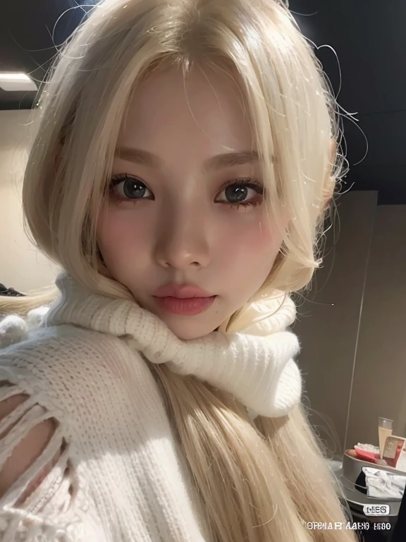 A close-up of a woman with long blonde hair wearing a white sweater, Chica coreana, ulzzang, Modelo IG | Artgerm, Wan adorable cara coreana, Hermosa mujer surcoreana, Parque Roseanne de Blackpink, Beautiful aesthetic face, Hermosa joven coreana, Joven y adorable rostro coreano, realista. Cheng Yi, Lalisa Manobal, Cabello largo y rubio y ojos grandes