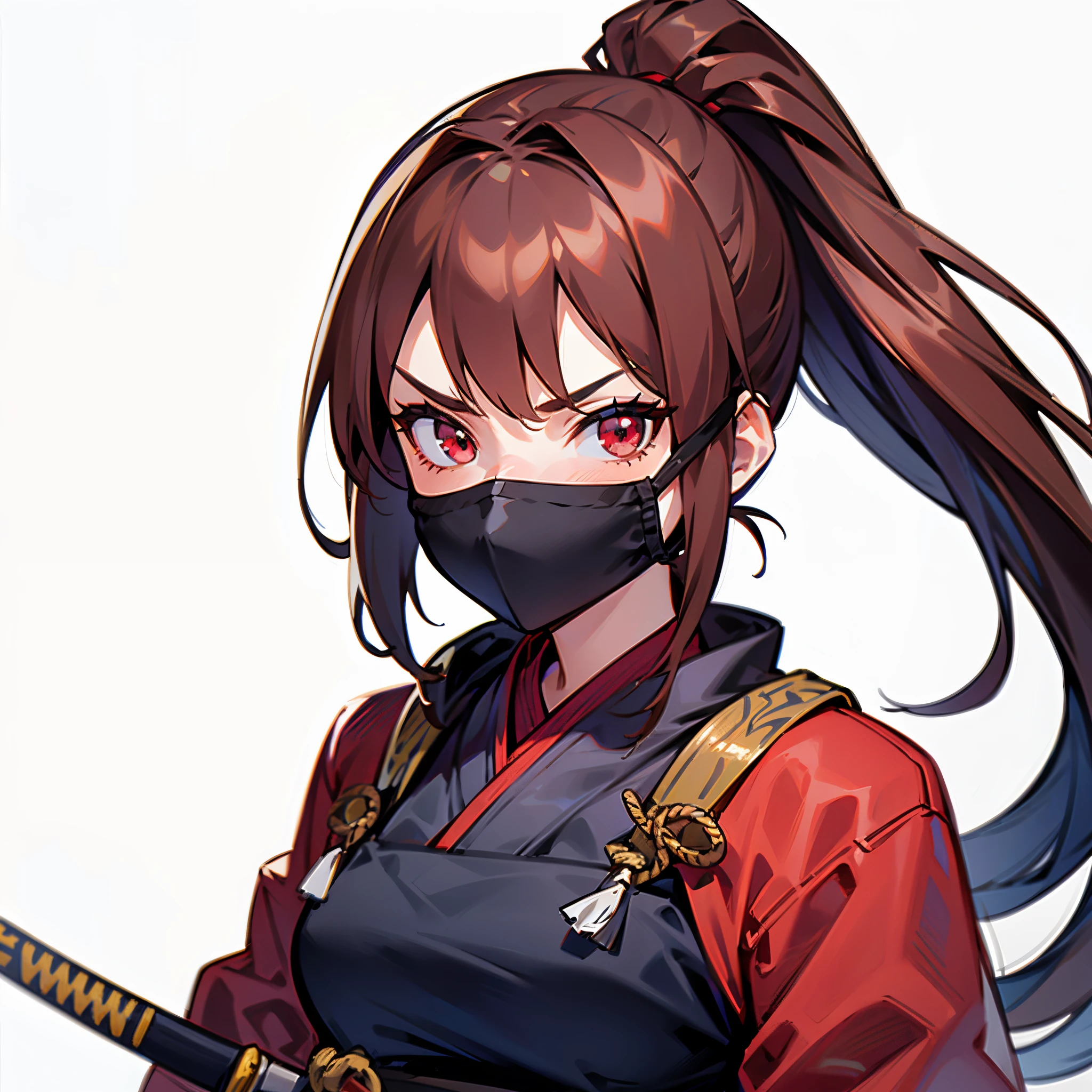 1girl, long brown hair in a ponytail, red eyes, medium breast, face mask, shinobi clothes, serious, holding a katana, solo, best quality, masterpiece, portrait, simple background, looking at the camera, from the front, detailed, perfect anatomy, detailed art, high definition, 4k, high resolution