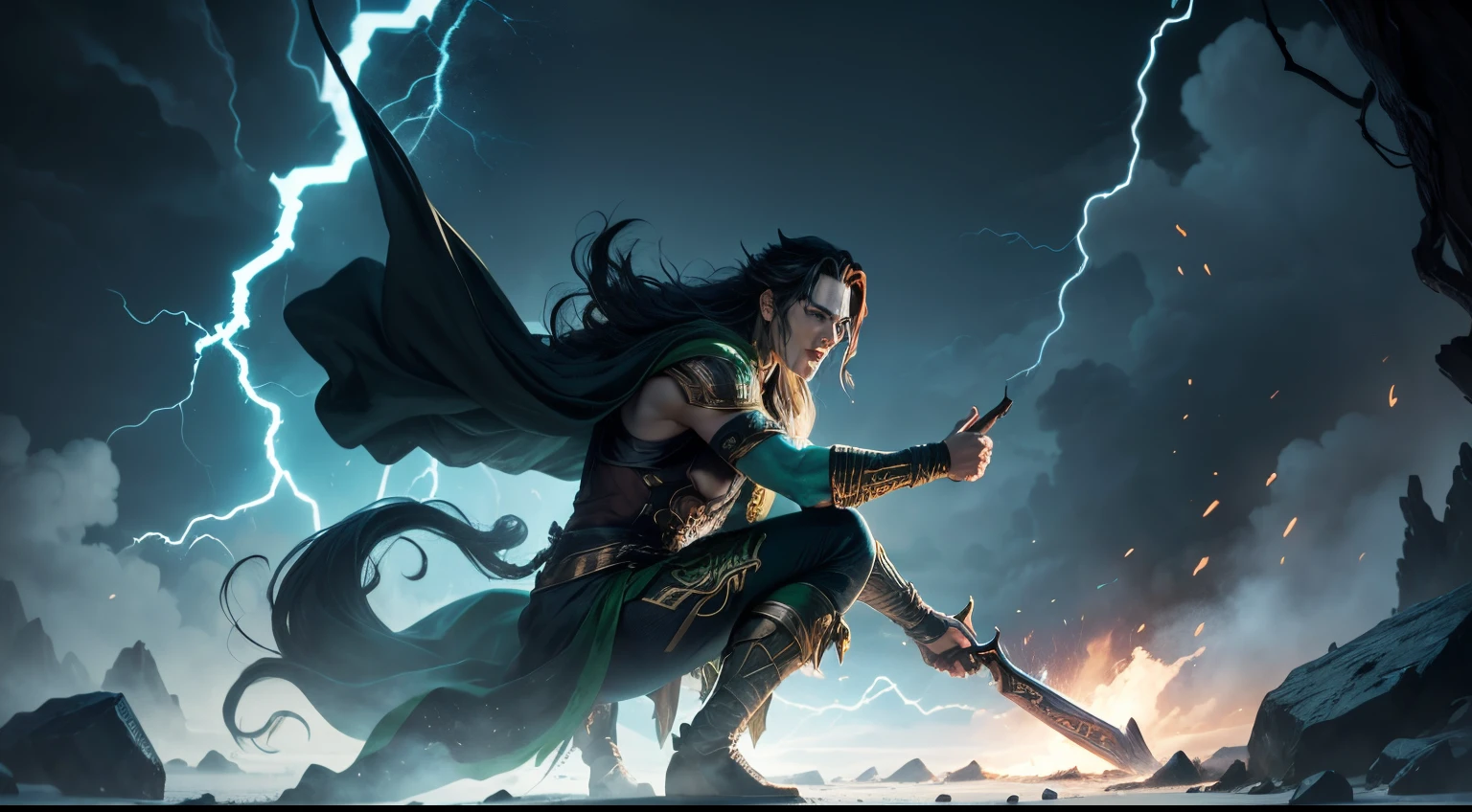 In Norse mythology, Loki is known as the god of chaos and discord. Use your imagination to depict a scene where Loki's antics have caused chaos among the other gods, with thunderbolts flying and the earth shaking