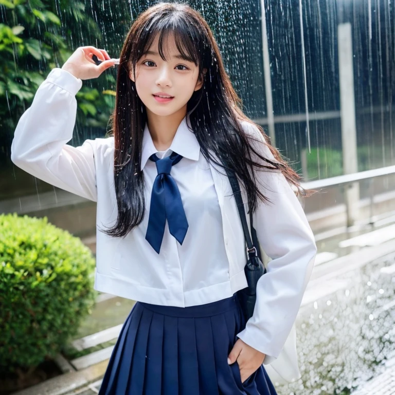 An ultra-high picture quality、Perfect Photo、japanes、Japanese female model、15yo student、a beauty girl、indoor white background、fullllbody、Full body like、Narrow-eyed、large mouth、eye closed、the wind、The upper part of the body、Wet hair、School uniform and navy blazer、worry、hard、looking downwards、Getting wet in the rain、sodden、get angry、dislike、Drenched hair、rainy day、a short bob、Bathing in the rain、Pouring rain、