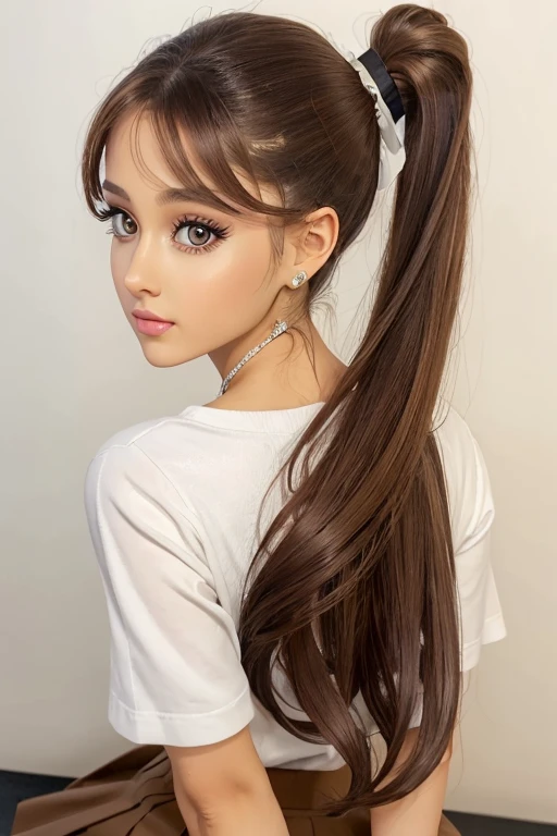 4rianagrand3, 1girl, perfect eyes, symmetric eyes, brown eyes, italian, american,long hair, ponytail, makeup, lips, 25 years old, skirt, pantyhose,