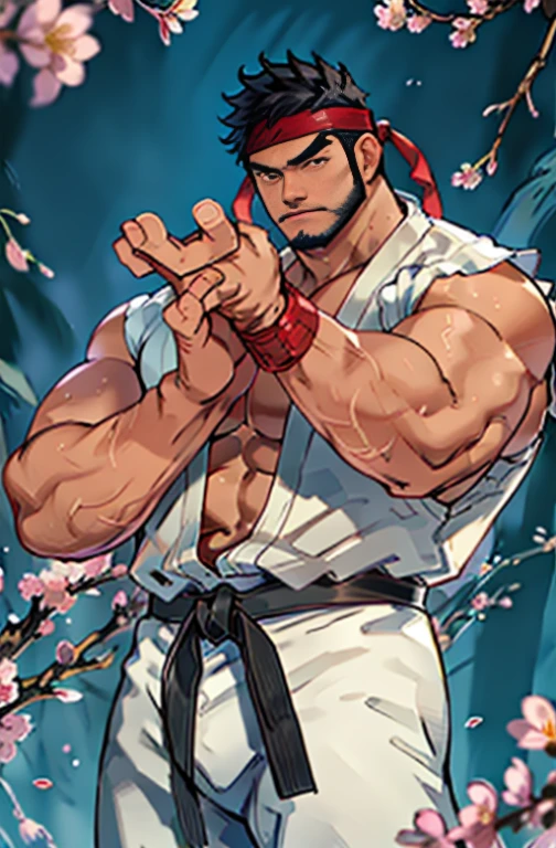 (masterpiece, best quality:1.2), cowboy shot, solo, male focus, 1boy, ryu \(\), middle age, peaceful face expression, peaceful pose, white skin, open hands, black hair, black beard, detailed face tall, hunk, muscular, wide shoulder, big physique, scars on body, wearing big white Dougi, new white Dougi shirt, white Dougi pant, red headband, fingerless gloves, blue aura, cherry blossom in the background, high detailed