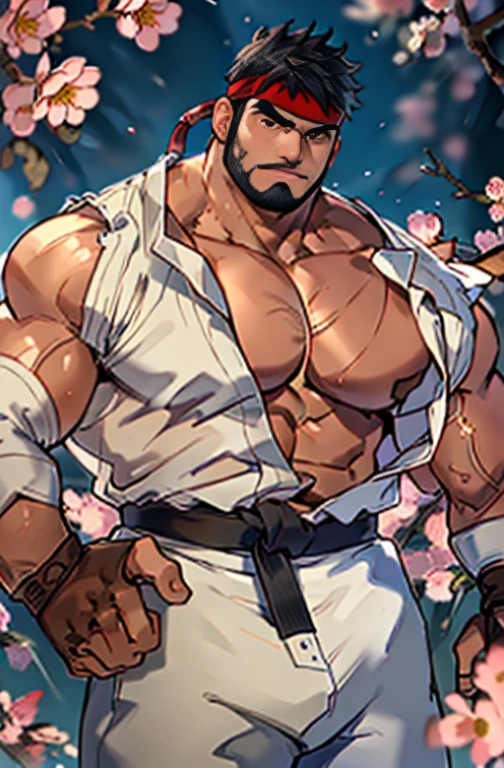 (masterpiece, best quality:1.2), cowboy shot, solo, male focus, 1boy, ryu \(\), middle age, peaceful face expression, peaceful pose, white skin, open hands, black hair, black beard, detailed face tall, hunk, muscular, wide shoulder, big physique, scars on body, wearing big white Dougi, new white Dougi shirt, white Dougi pant, red headband, fingerless gloves, blue aura, cherry blossom in the background, high detailed