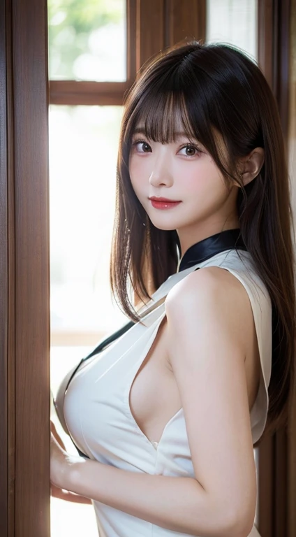 (top-quality,masterpiece:1.3,超A high resolution,),(ultra-detailliert,Caustics),(Photorealsitic:1.4,RAW shooting,)Ultra-realistic capture,A highly detailed,High resolution 16K human skin close-up。 Natural skin texture、,The pores are、Must be detailed enough to be easy to identify。 Skin should look healthy with even tones。 Use natural light and color,cheongsam uniform:1,3),1人,japanes,18year old,kawaii,A dark-haired,Middle hair,(large boob:1.2),smil,Turn your body to the front,(front-facing view:1.2),Looking at the camera,FULL BODYSHOT:1.1,Gaze,boob focused:1.1,Chest close-up:1.1