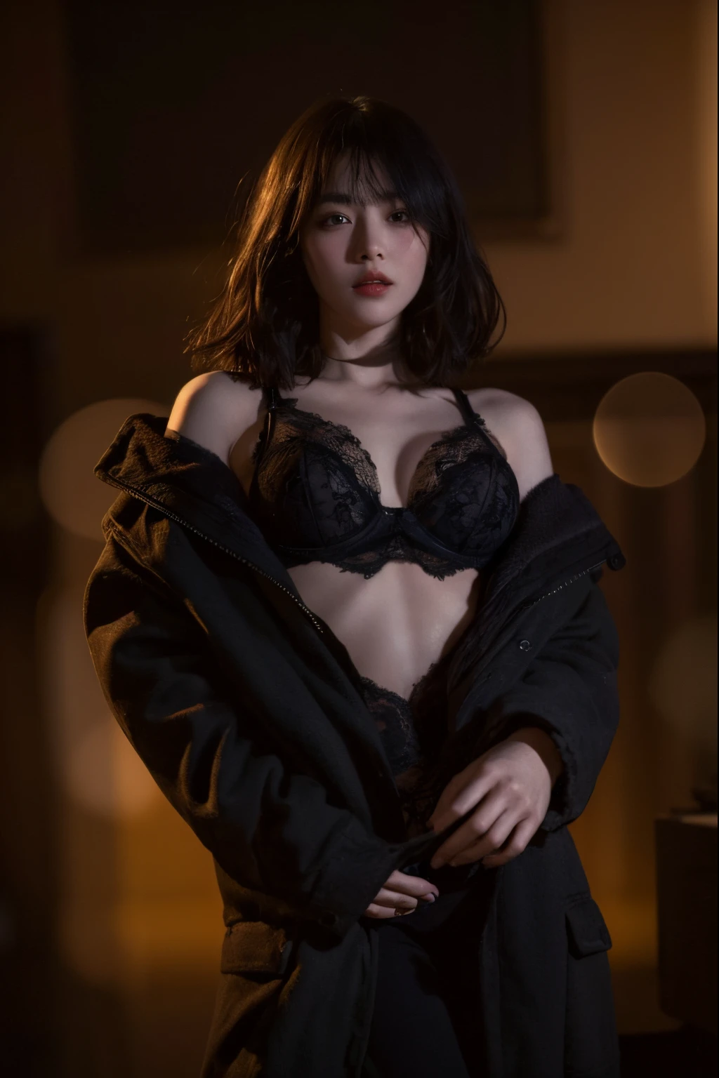 (Best quality, 8k, 32k, Masterpiece, UHD:1.2) "Produce a captivating art piece featuring a girl with a stylish bob haircut, illuminated by dramatic and cinematic lighting that accentuates the contours of her face and hair. Create an atmosphere that exudes intrigue and depth, with shadows and highlights playing a central role in defining the scene. The lighting should emphasize the girl's features and add an extra layer of drama to the composition, making it visually striking and evoking a sense of mystery and allure." lingerie, coat, bokeh
