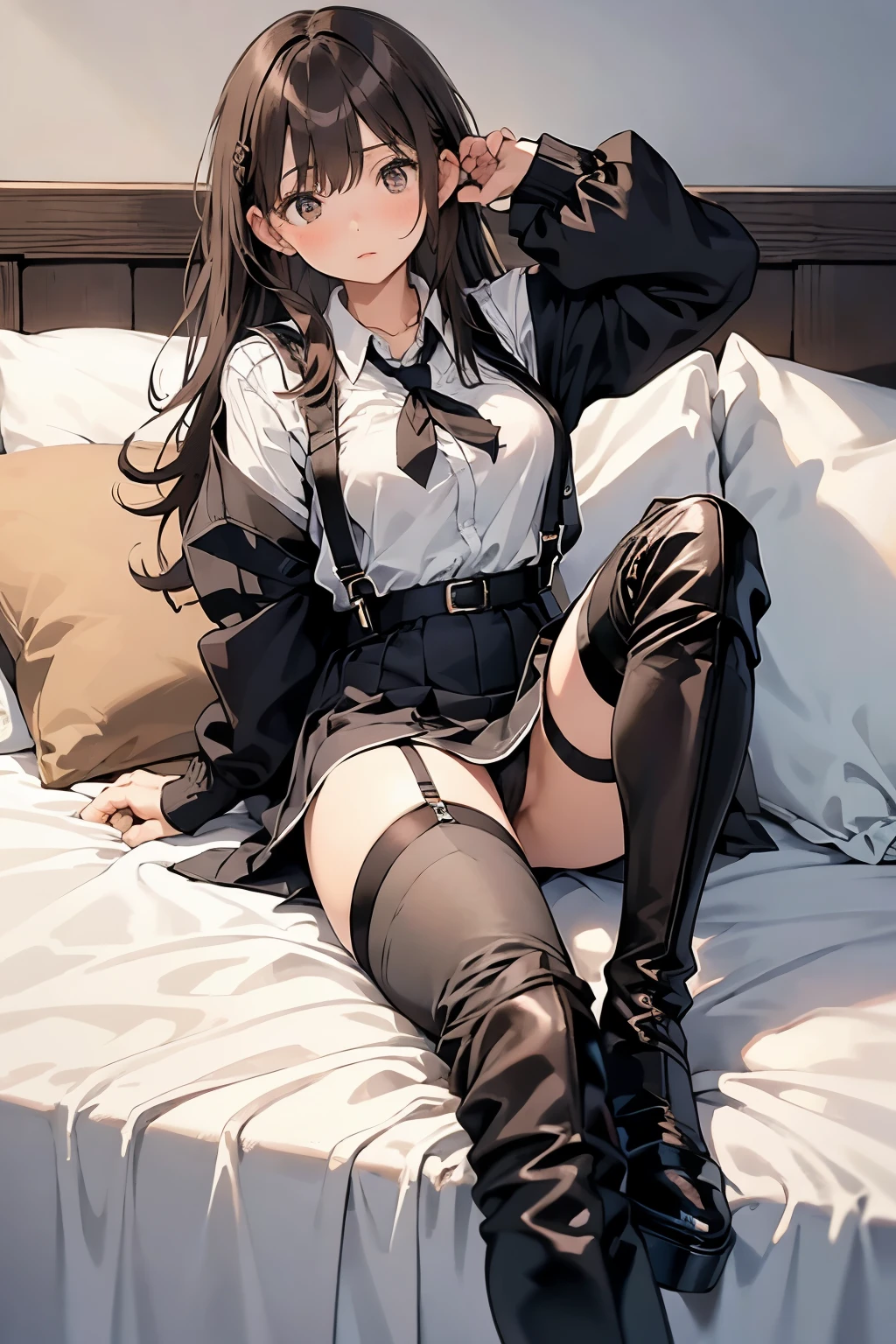 Brown hair、watching at viewers　　　black suspenders　　　Bulging big breasts　　 　 　　　walls: 　Black miniskirt　garters　　　　　　Gaze　　　Small face　bangss 　　　holster　　　Beautuful Women　　hands up　　Leg holster lying on the bed　　Gaze 　black boots panty shot