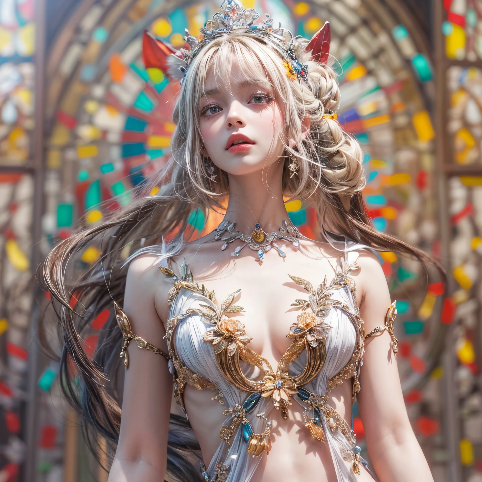 ( Masterpiece, White and vivid colors, (Exposed:1.2), (nipple:-0.9)(Acutance:0.9)), (((Tiny junior idols))), ((face variations)), { Navel | pretty Ass }, portrayed in the best quality and high resolution. The image should be ultra-detailed, realistic, and photorealistic with a touch of rawness. concept art. The color tone should be vibrant and vivid, enhancing the overall visual impact. (Whole Body proportions and all limbs are anatomically accurate), (Vivid Colorful light shines through the delicate stained glass). delicate limbs, Detail of sparkling oiled ivory skin, (short Bob, delicate wear), Whole Body proportions and all limbs are anatomically accurate .