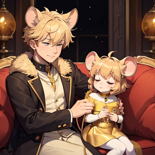 Mouse girl, Gold hair, gold fur, golden girl, mouse ears, pure gold mouse sleeps in a brown-haired man's lap, highest quality, high res, masterpiece, mature man