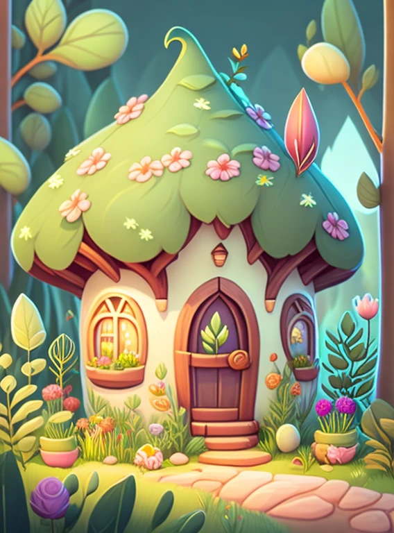 Cartoon-style house, flowers and plants, magical elements, mobile game， forest and plants, a touch of magical elements, outlines of animals.