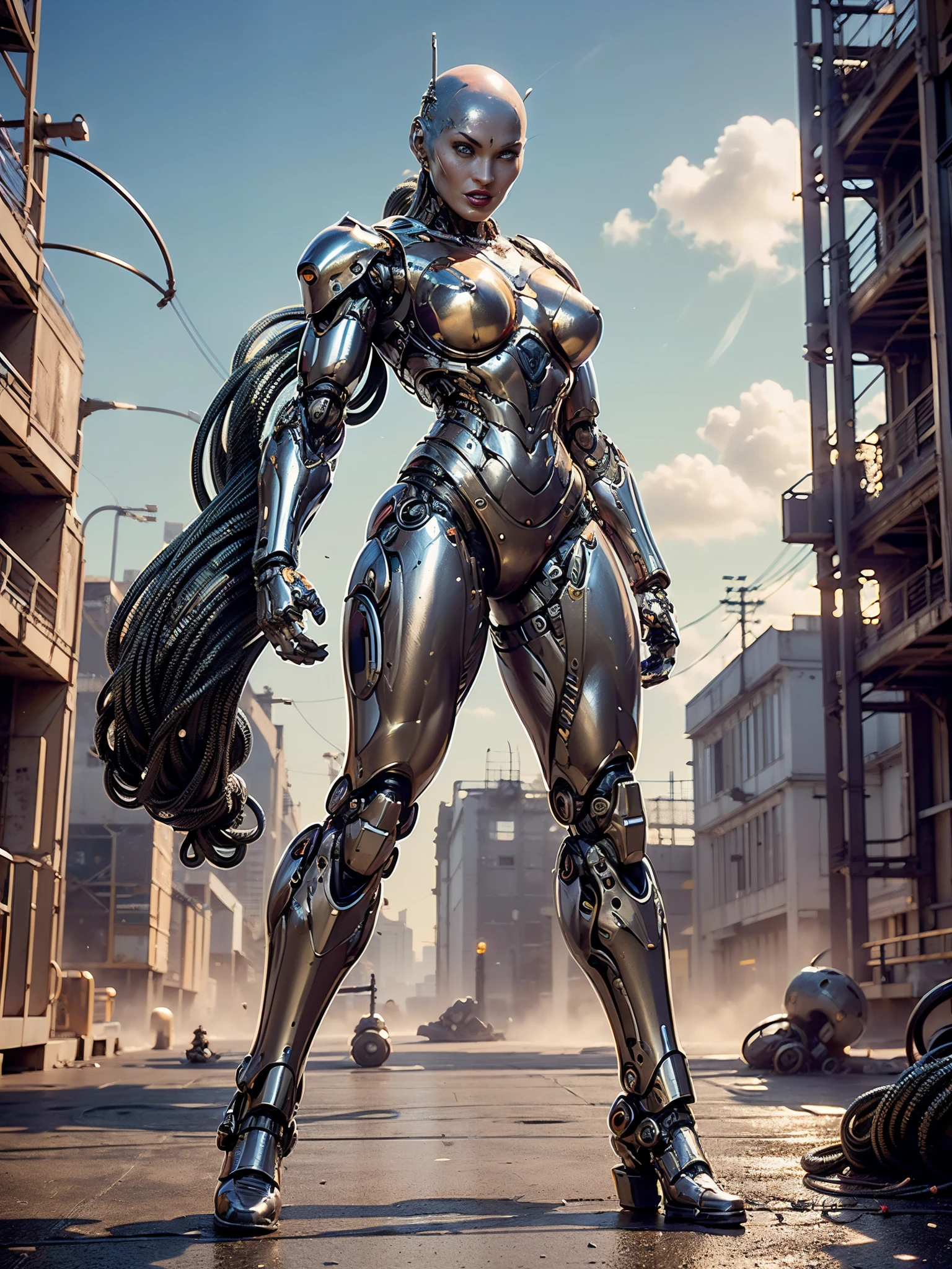 (beautiful muscular female cyborg:1.25), (megan-fox:1.5), (full body pose), (metallic muscular armor:1.5), (no hair), (bald head covered in cables:1.5), (robotic mechanical physique:1.5), (super muscular female cyborg:1.5), (covered in cables and mechanical muscles:1.5), (android muscular anatomy:1.5), (perfect fingers:1.25),(8k, RAW photo, photorealistic:1.25), sci fi atmosphere, futuristic dystopia, alien landscape,