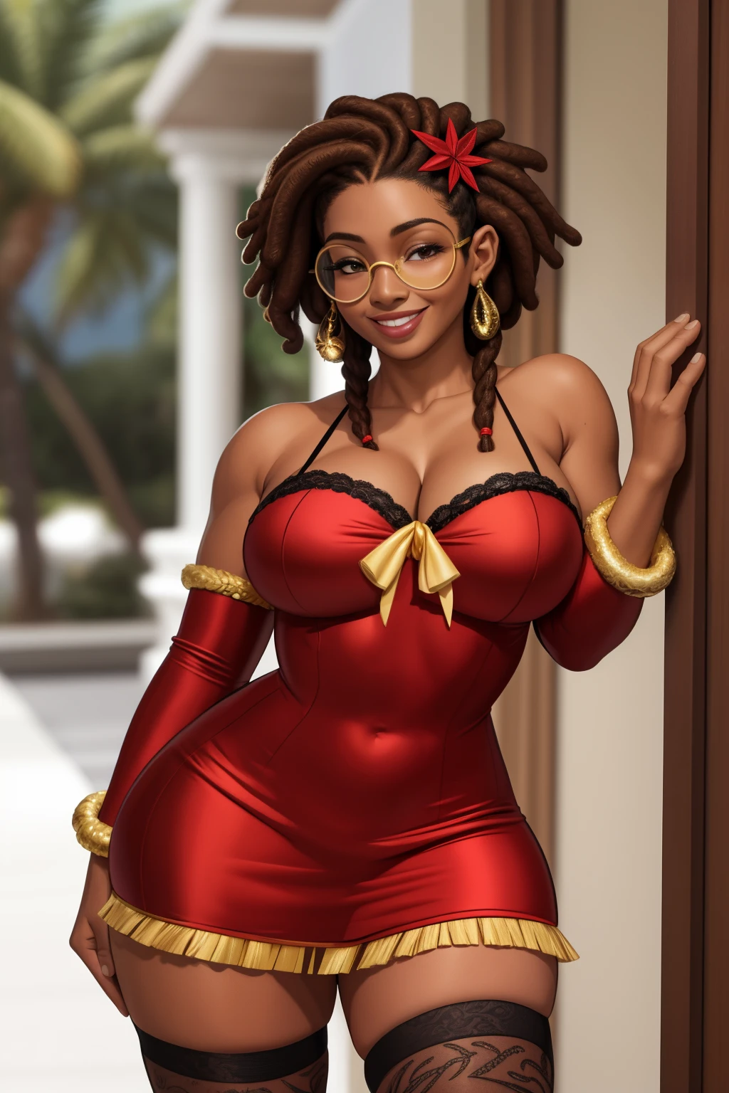 Morena, mulher fantasiada, fantasia de Natal, Papai Noel, sensualidade sexy, bissexual, seios, wearing goggles, caminhando, em uma cidade movimentada, imagem de corpo inteiro, cabelo afro caindo para frente, dreadlock type but braided, com seios lindos, perfect body with wide thighs is a beautiful woman, com seios lindos, corpo perfeito, coxa larga, A destination with sexual expression is beautiful, pose sexual, erotic woman Araffe dressed in a flapper costume, alta qualidade de fantasia, anos 20, decade, celebration costume, idade do jazz, fantasia, fantasia de joias, roupas estilo tecido, fantasia de natal