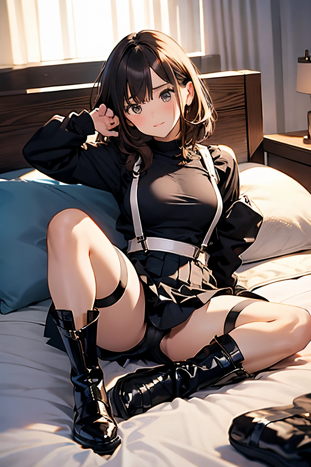 Brown hair、watching at viewers　　　black suspenders　　　Bulging big breasts　　 　 　　　walls: 　Black miniskirt　garters　　　　　　Gaze　　　Small face　bangss 　　　holster　　　Beautuful Women　　hands up　　Leg holster lying on the bed　　Gaze 　black boots panty shot