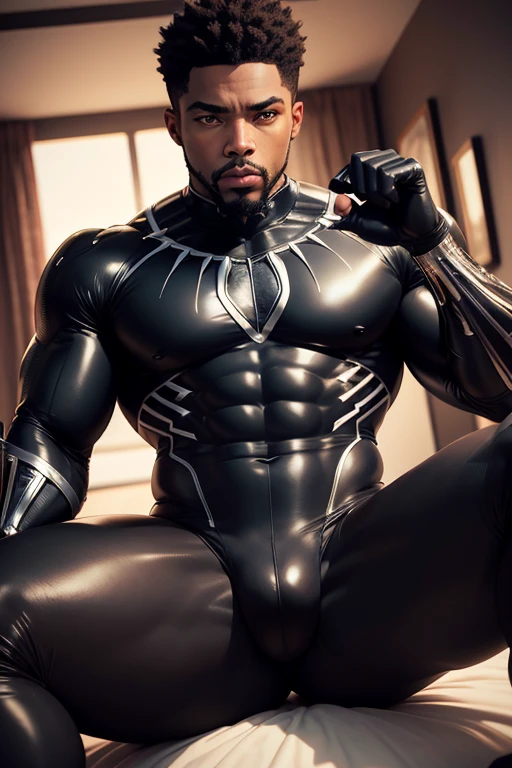 black panther solo muscular black man latex catsuit, Superhero, large bulge, corpo todo, mascara com orelhas de felino, olhar sedutor, corpo definido, corpo musculoso, large bulge between the legs, pose de fisiculturista, deitado na cama