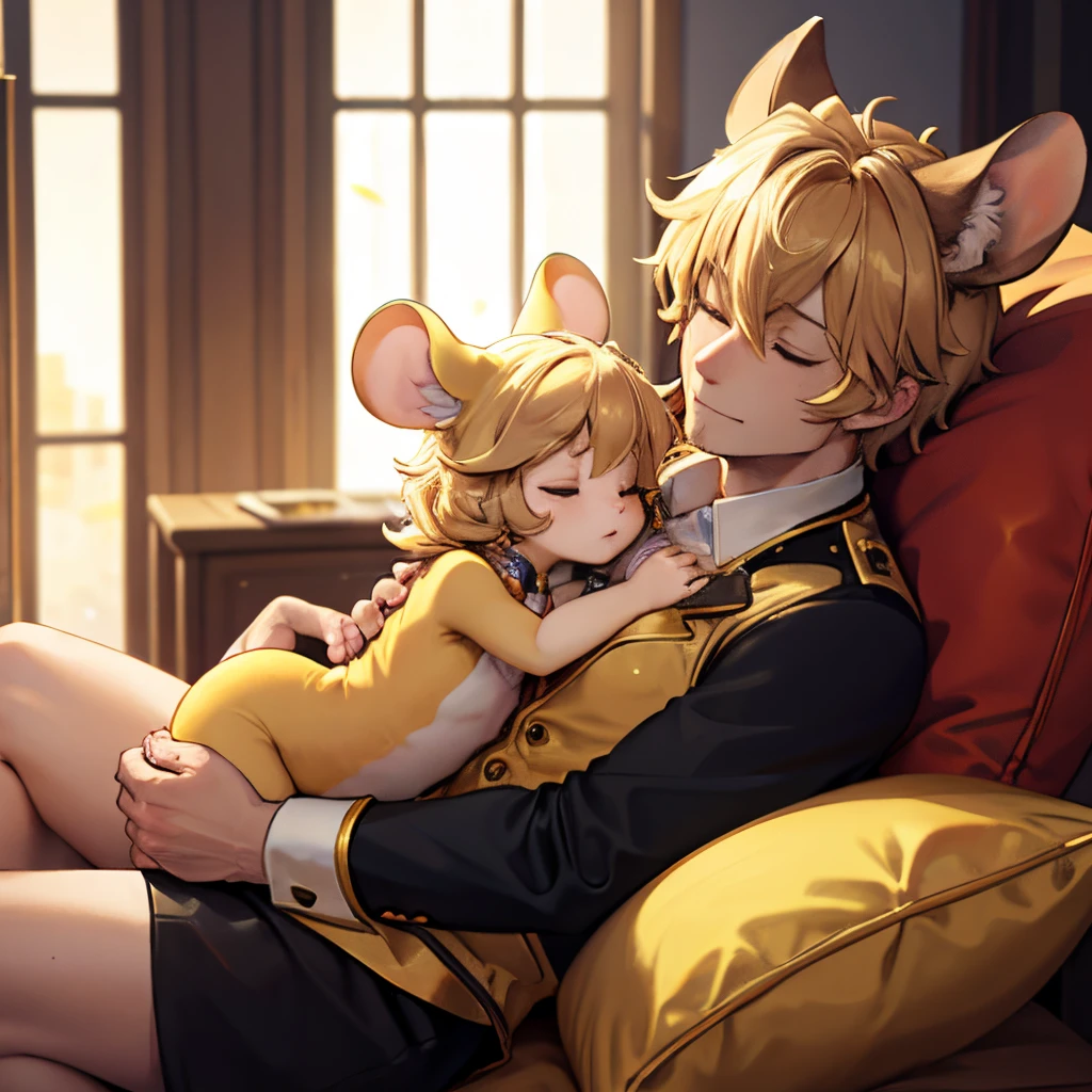 Mouse girl, Gold hair, gold fur, golden girl, mouse ears, pure gold mouse sleeps in a brown-haired man's lap, highest quality, high res, masterpiece, mature man